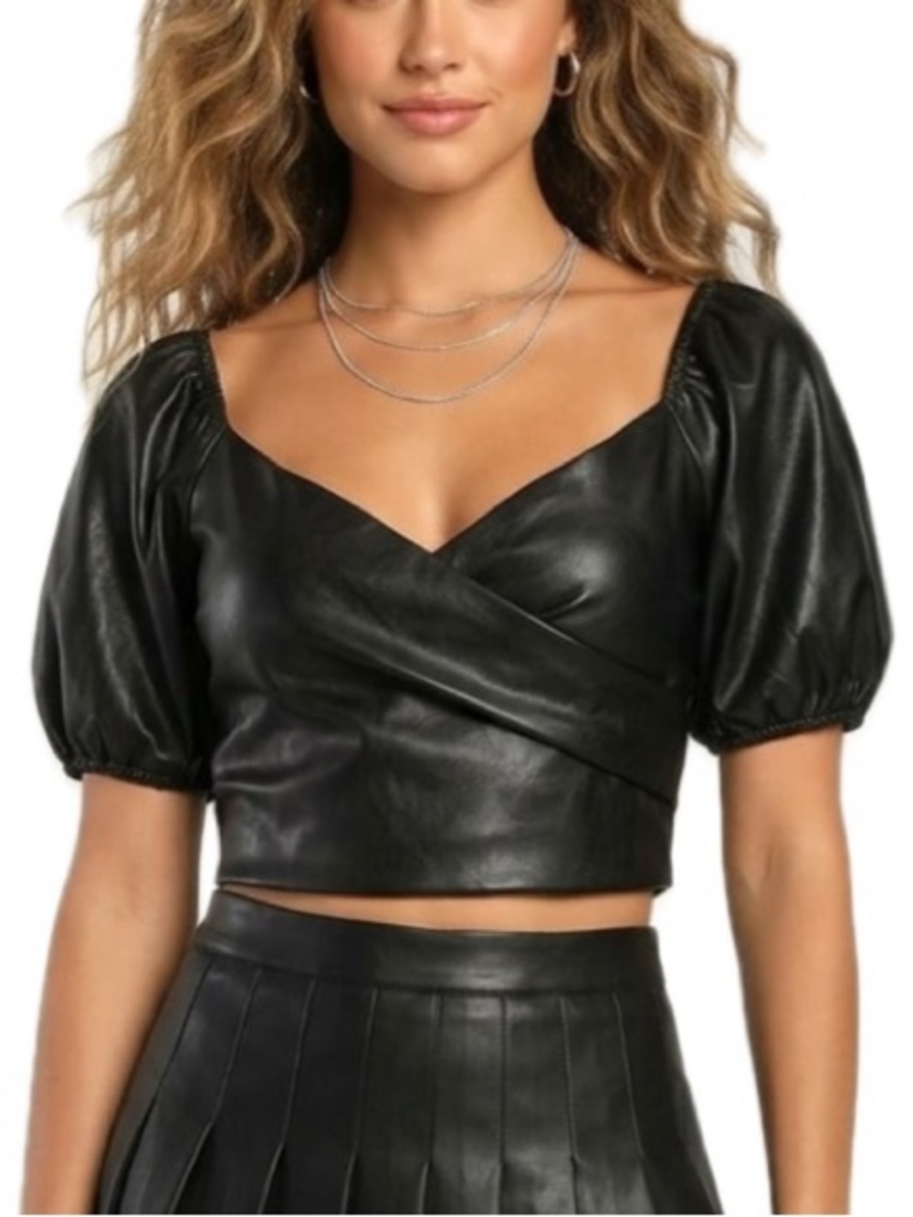 Lulus Black Faux Leather Crop Top Womens Size XS Puff Sleeve Sweetheart Neck